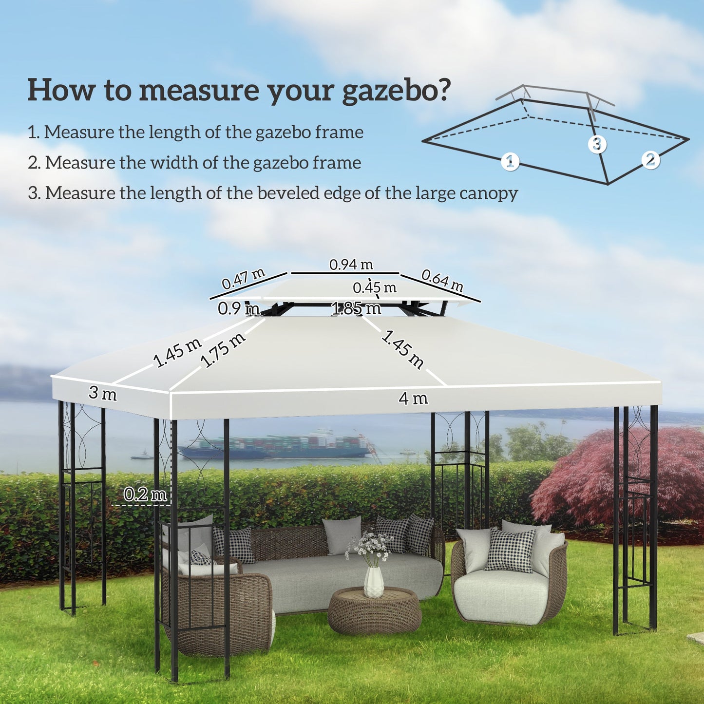 Outsunny 3x4m Gazebo Replacement Roof Canopy 2 Tier Top UV Cover Garden Patio Outdoor Sun Awning Shelters Cream (TOP COVER ONLY)