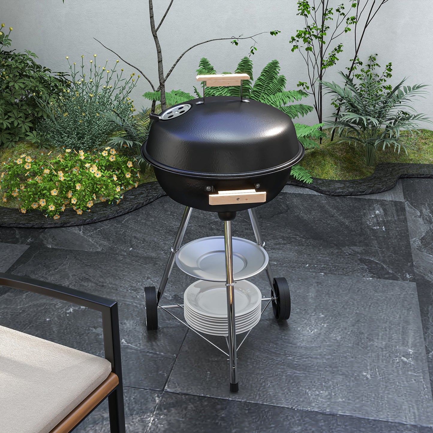 Outsunny przenośny okrągły grill węglowy BBQ z pokrywką, kontrola ciepła na zewnątrz, patio, grill ogrodowy