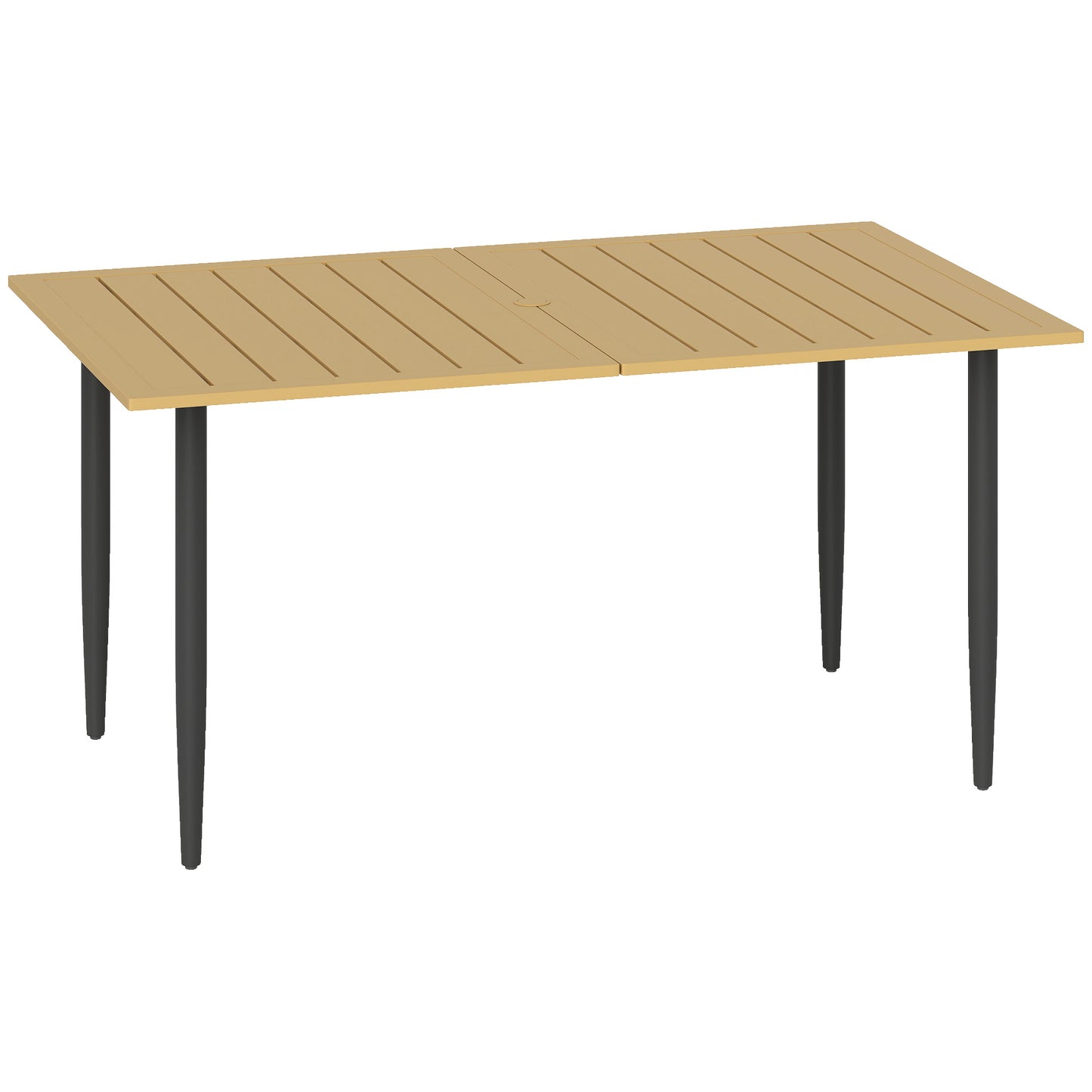 Stół ogrodowy Outsunny, prostokątny, 150 x 90 cm, z otworem na parasol 5 cm, blatem z listew i stalową ramą, na taras, balkon, (tylko stół), brązowy