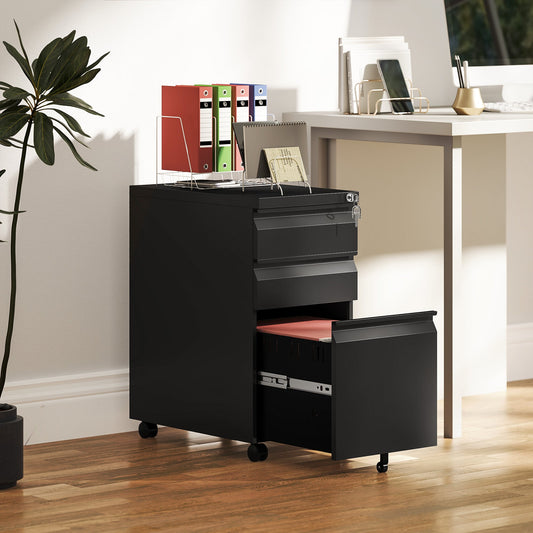 Vinsetto 3-Drawer Steel Filing Cabinet with Lock and Wheels - Black