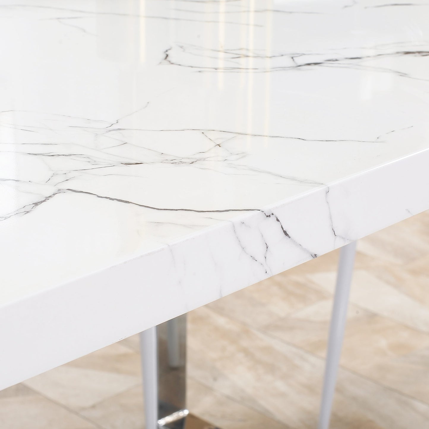 HOMCOM Modern Dining Room Table Rectangular Kitchen Table for 6-8 People with Marble Effect Tabletop Steel Legs 160 cm White