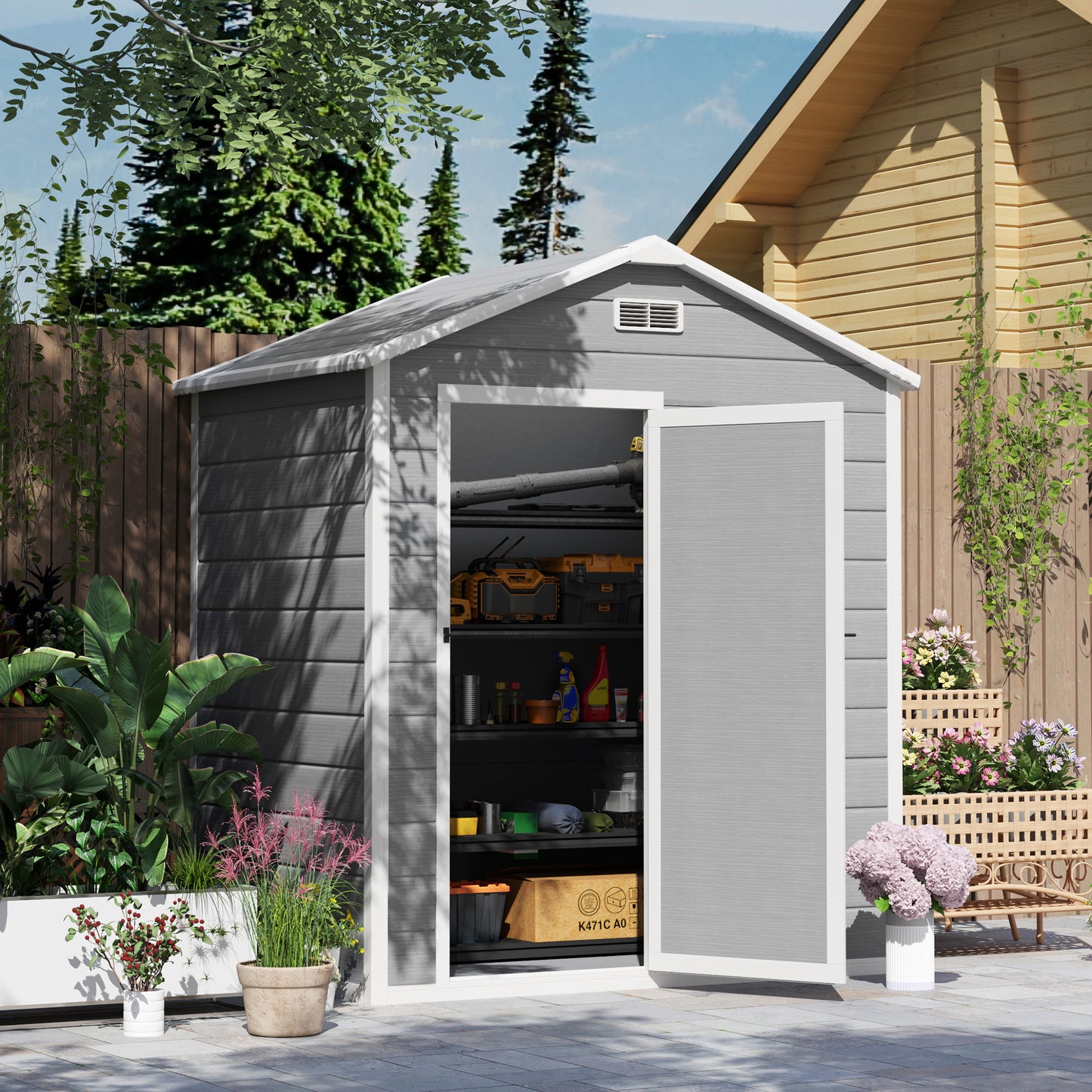 Outsunny 6 x 4ft Garden Shed, plastikowa szopa z podłogą, oknem, zamykanymi drzwiami i otworami wentylacyjnymi, imitacja drewna, szopa narzędziowa z żywicy na zewnątrz, szara