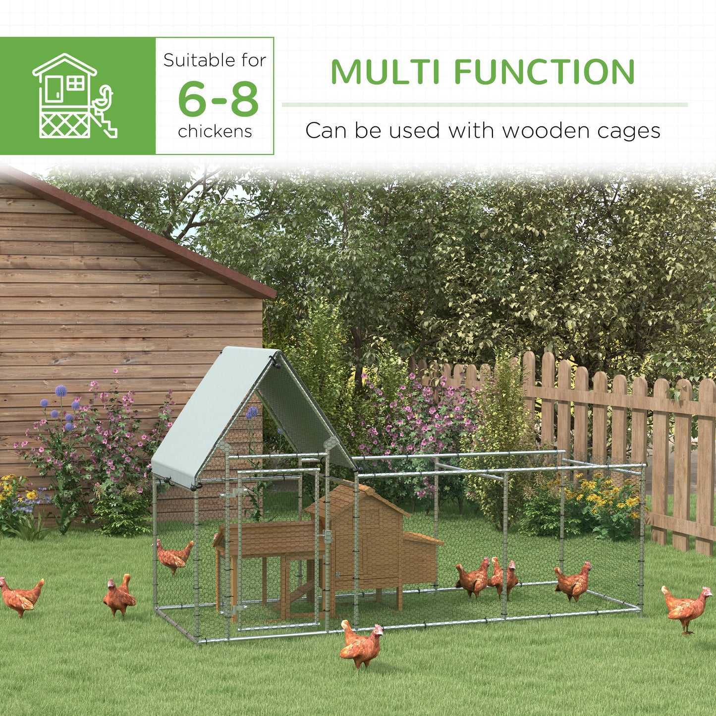 PawHut Walk In Chicken Run Chicken Coop, Duża klatka dla drobiu, kurnik na zewnątrz dla 6-8 kurczaków z wodoodporną osłoną 302 x 107 x 172 cm