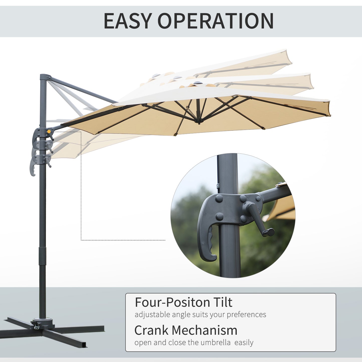 Outsunny Round Umbrella Parasol W/ Tilt 360° Rotation and Hand Crank Cross Base-Beige