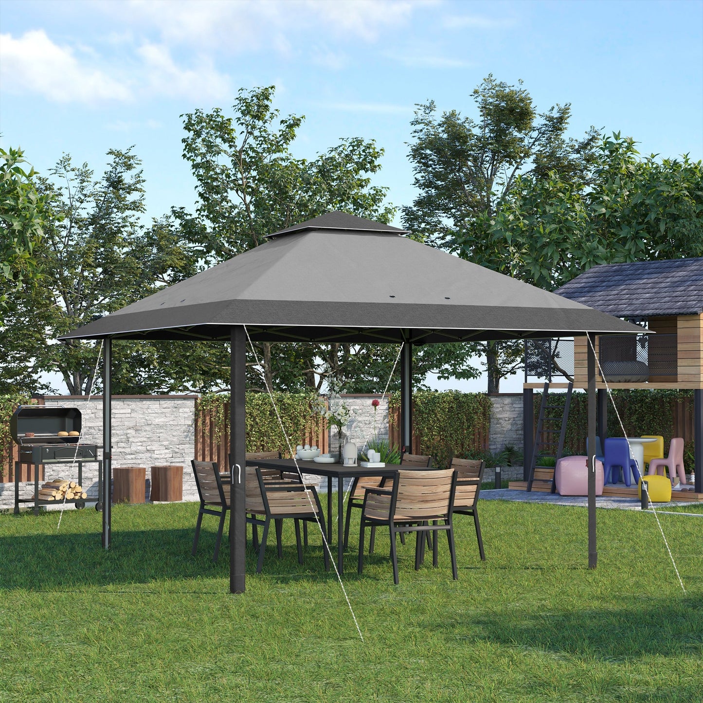 Outsunny 4 x 4m Pop-up Gazebo Double Roof Canopy Tent z ochroną UV, torbą na kółkach i 3-poziomową regulacją wysokości Outdoor Party, stalowa rama, szary