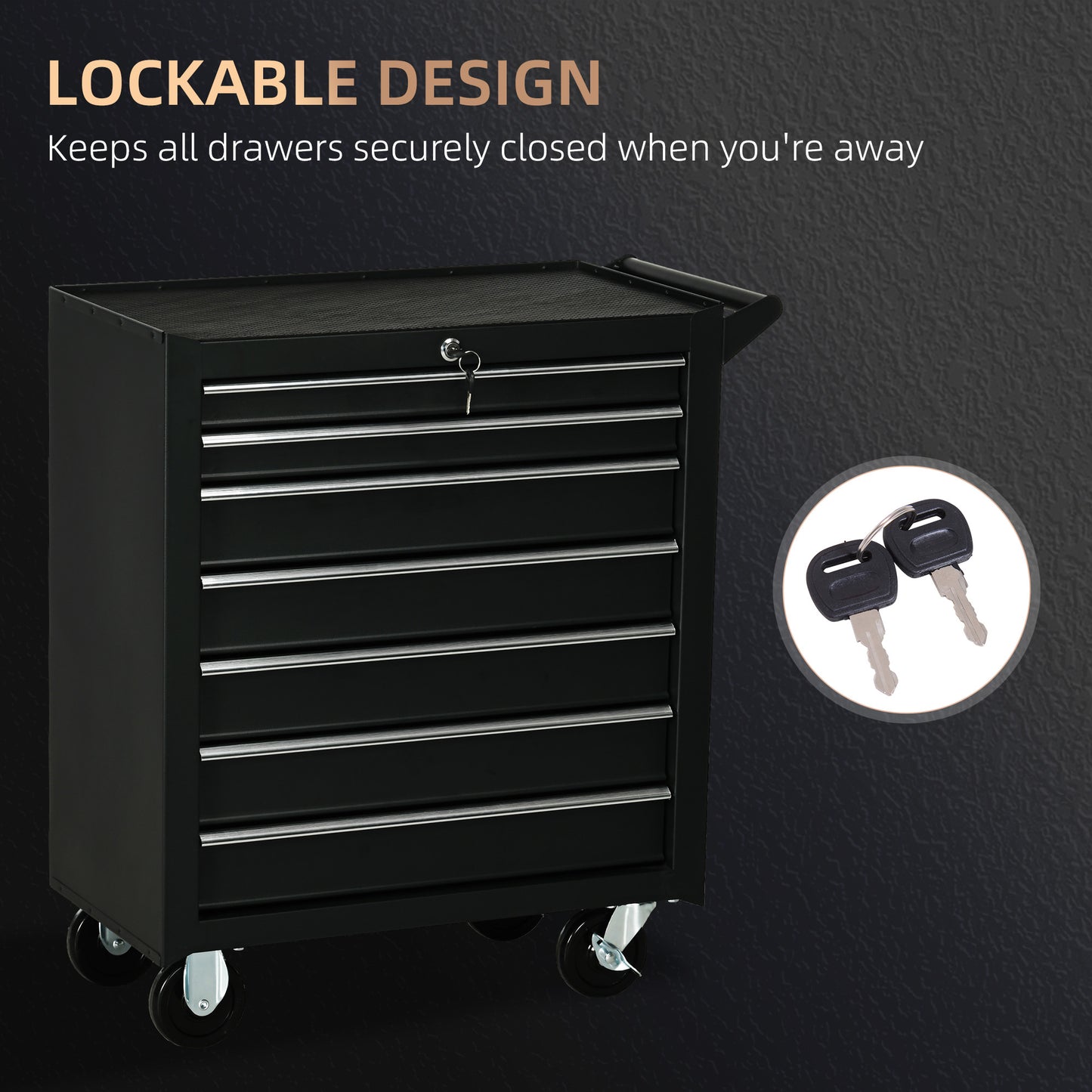 DURHAND 7-Drawer Rolling Tool Chest on Wheels, Lockable Tool Cabinet with Side Handle, Metal Tool Box Trolley for Garage, Workshop, Matte Black