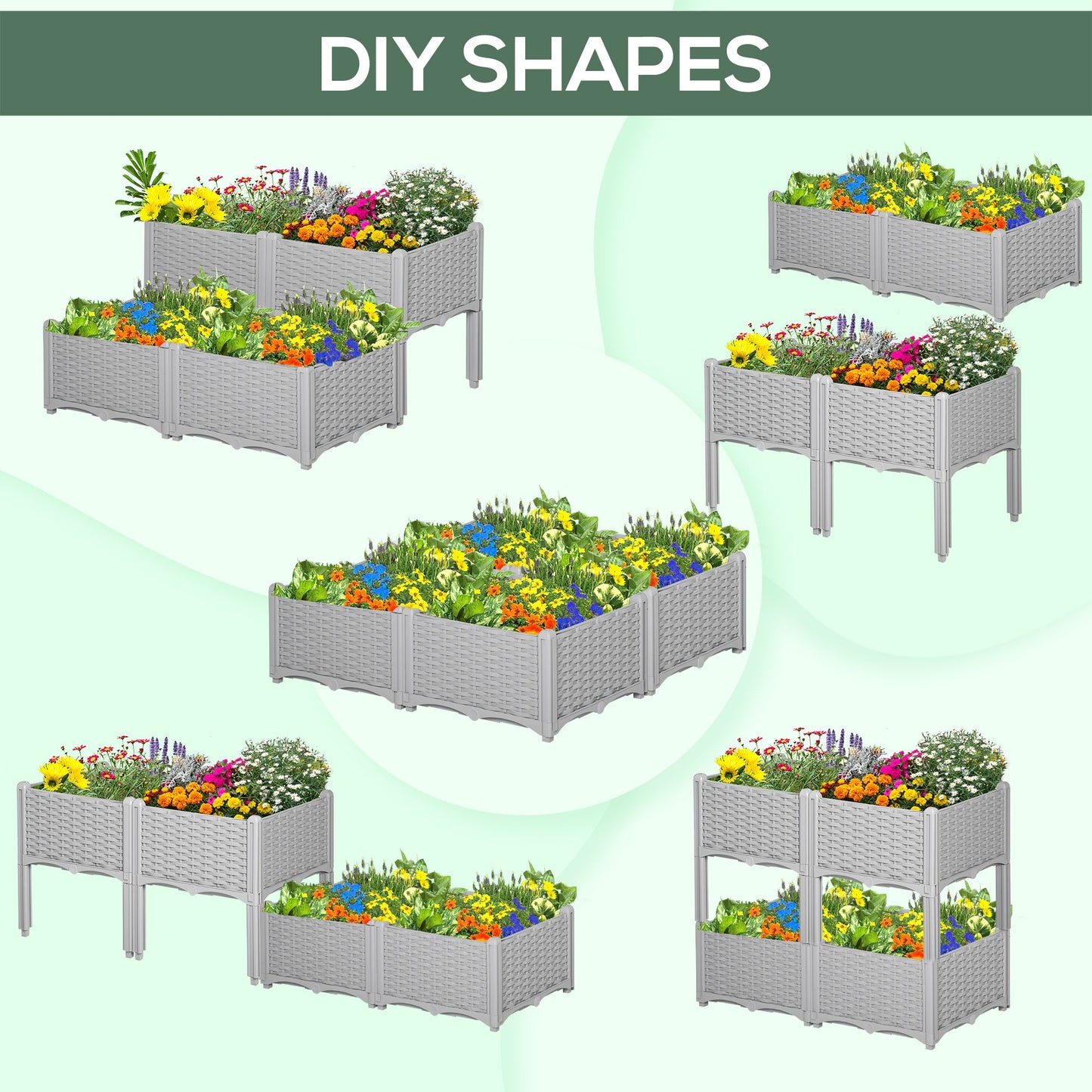 Outsunny Set of 4 26L Garden Raised Bed Elevated Patio Flower Plant Planter Box PP Vegetables Planting Container, Grey