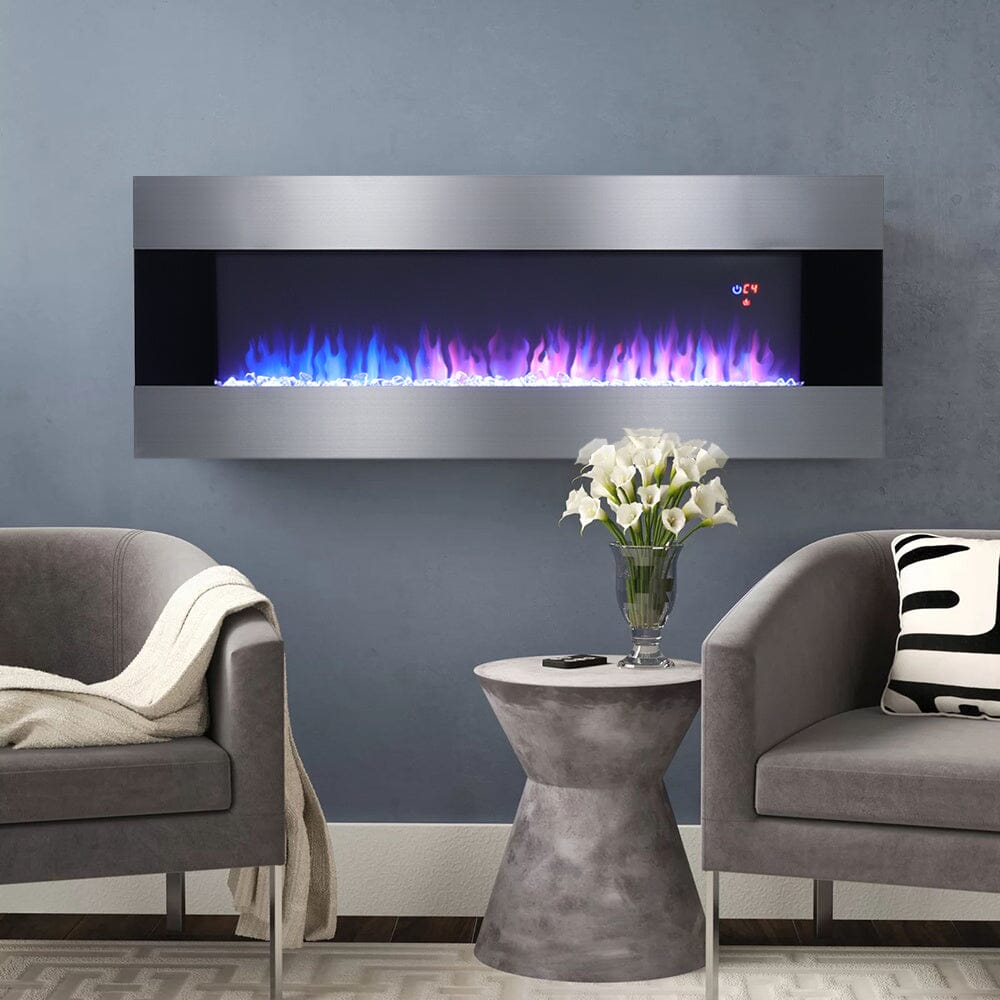 50/60 Inch Silver Electric Fireplace Crystal Accents 6 Flame Colour Heater Wall Mounted Fireplaces