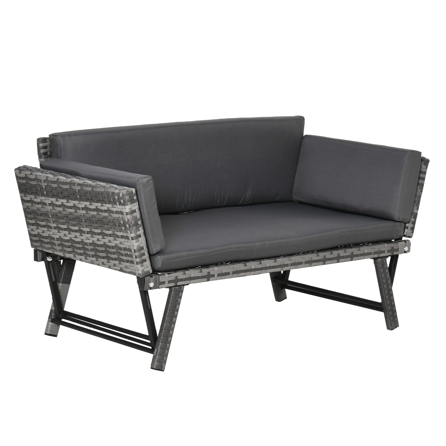 Sofa Outsunny 2-osobowa z rattanu z poduszkami, 2-w-1 z rattanu PE z podłokietnikami lewostronnymi w górę lub w dół, ogrodowa leżanka dwuosobowa na zewnątrz, patio, mieszany szary