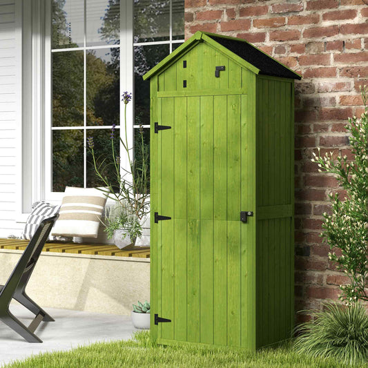 Outsunny Small Shed, Tall Slim Wooden Garden Shed with 3 Removable Shelves and Roof Hatch, Compact Outdoor Tool Storage Cabinet with Asphalt Roof and Door Latch, 77 x 54.2 x 179 cm, Green