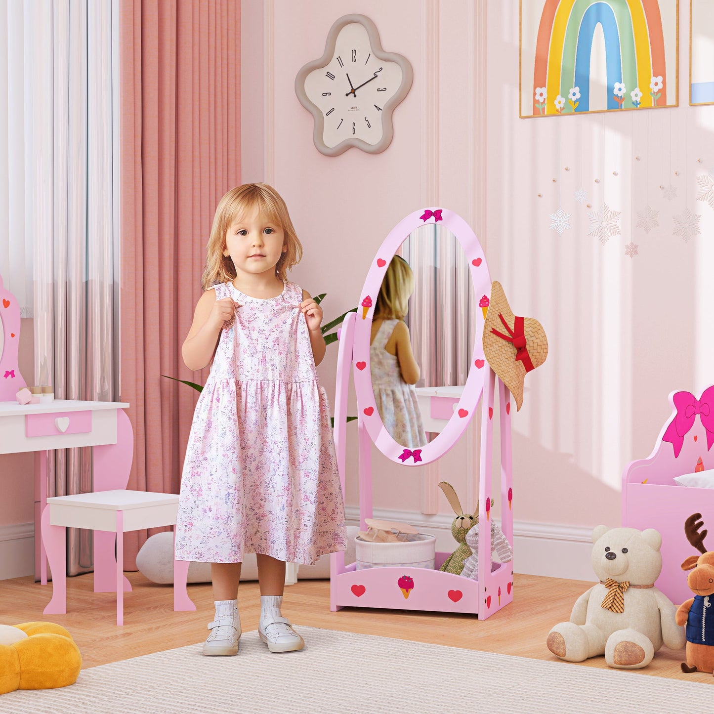 AIYAPLAY Kids Full Length Mirror, 360 Rotating Children Standing Mirror with Storage Shelf, Pink