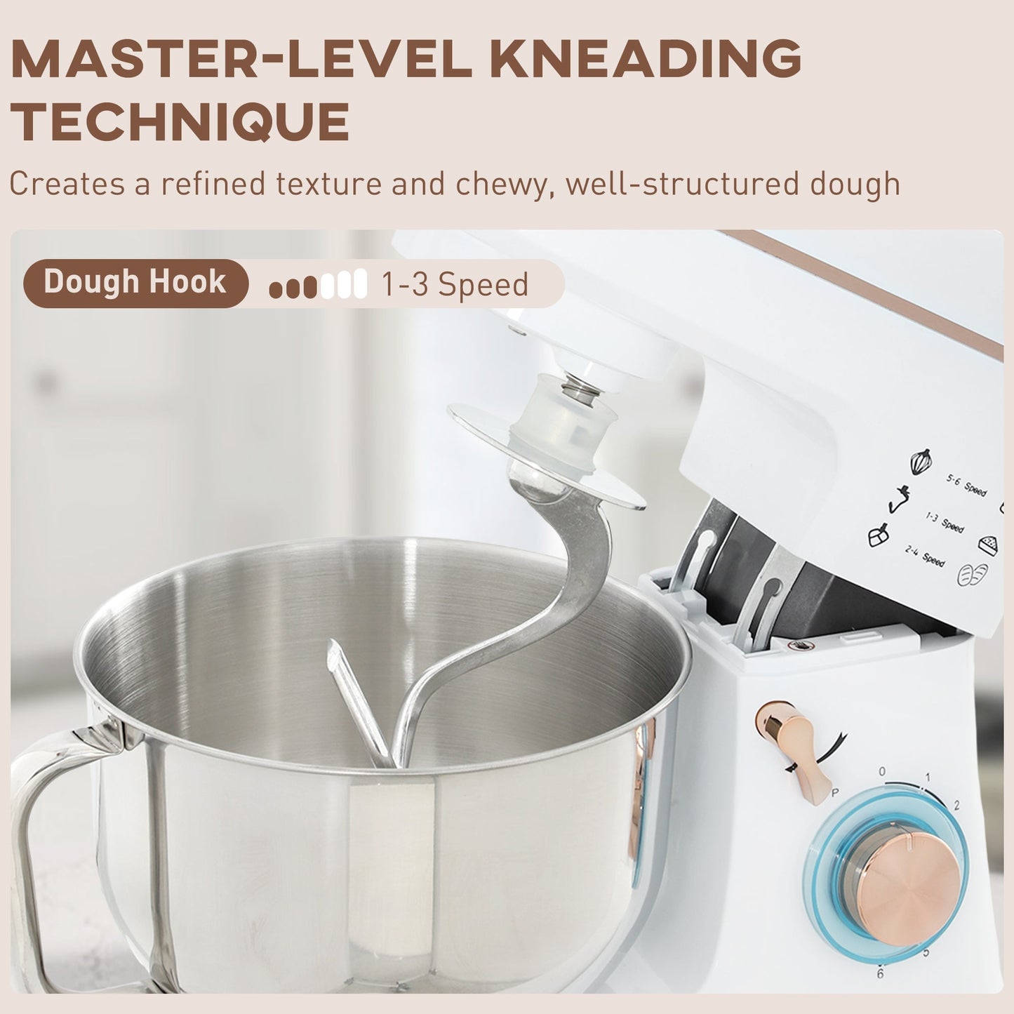 HOMCOM Stand Mixer, 5L Food Mixer for Baking, 6 Speeds and Pulse Setting, 1400W Cake Electric Kitchen Mixer with Dough Hook, Whisk, Stainless Steel Bowl, Splash Guard, Beater, White