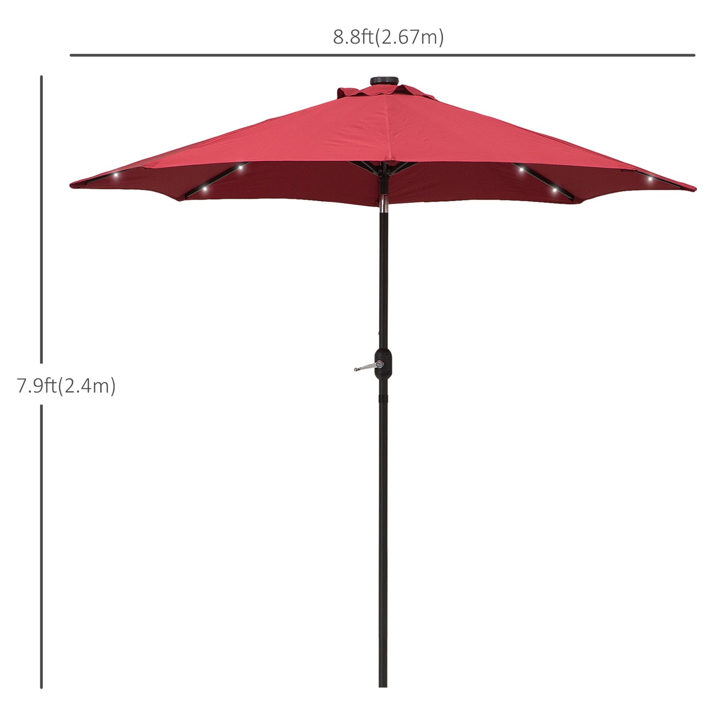 Outsunny 2.7m Patio Garden Umbrella Outdoor Parasol with Tilt Crank and 24 LEDs Lights (Red)