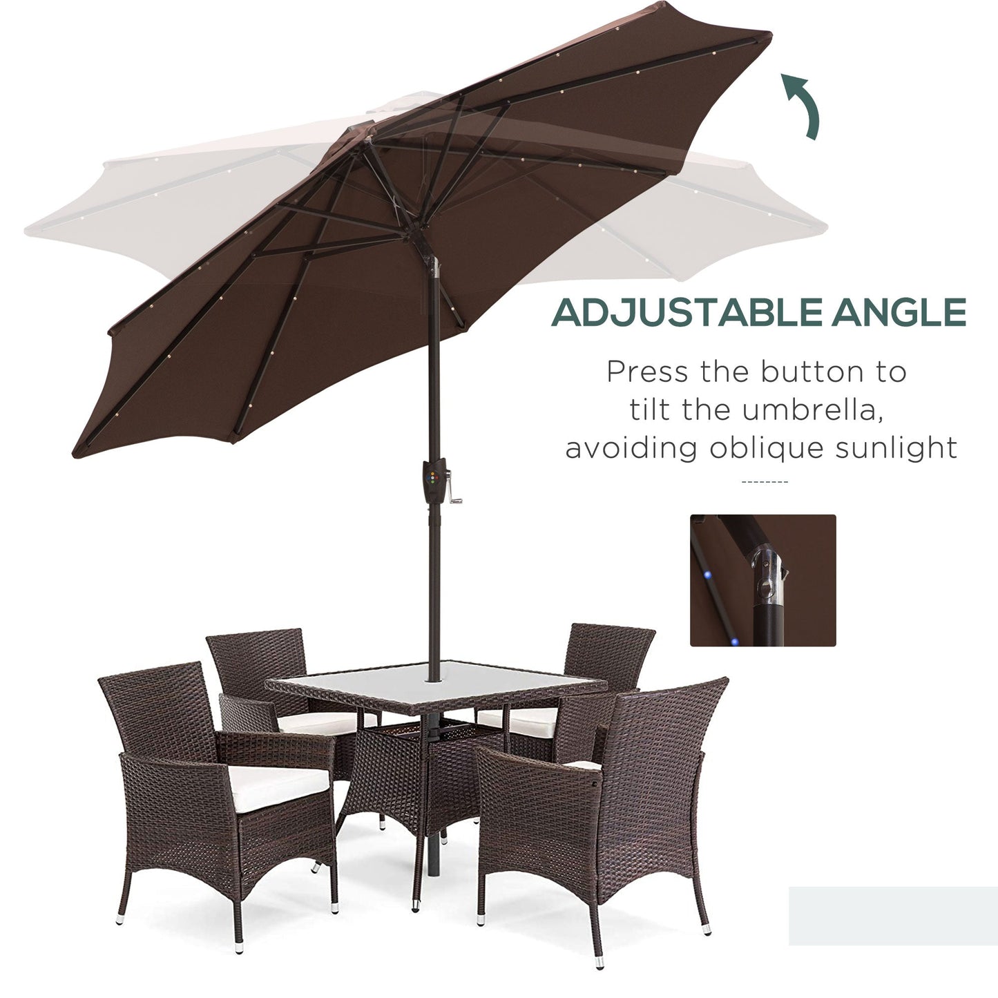 Outsunny 2.7m Garden 24 LED Light Parasol Solar Outdoor Tilt Sun Umbrella Patio Club Party Event Manual Sun Shade w/ Hand Crank and 8 Ribs, Brown