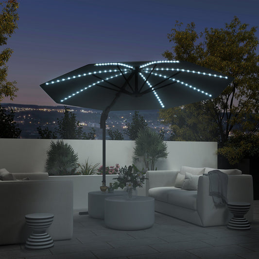 Outsunny 3(m) Cantilever Garden Parasol with Solar Powered Lights, Crank Handle & Cross Base, UPF 50+, 360 Rotation, Dark Grey