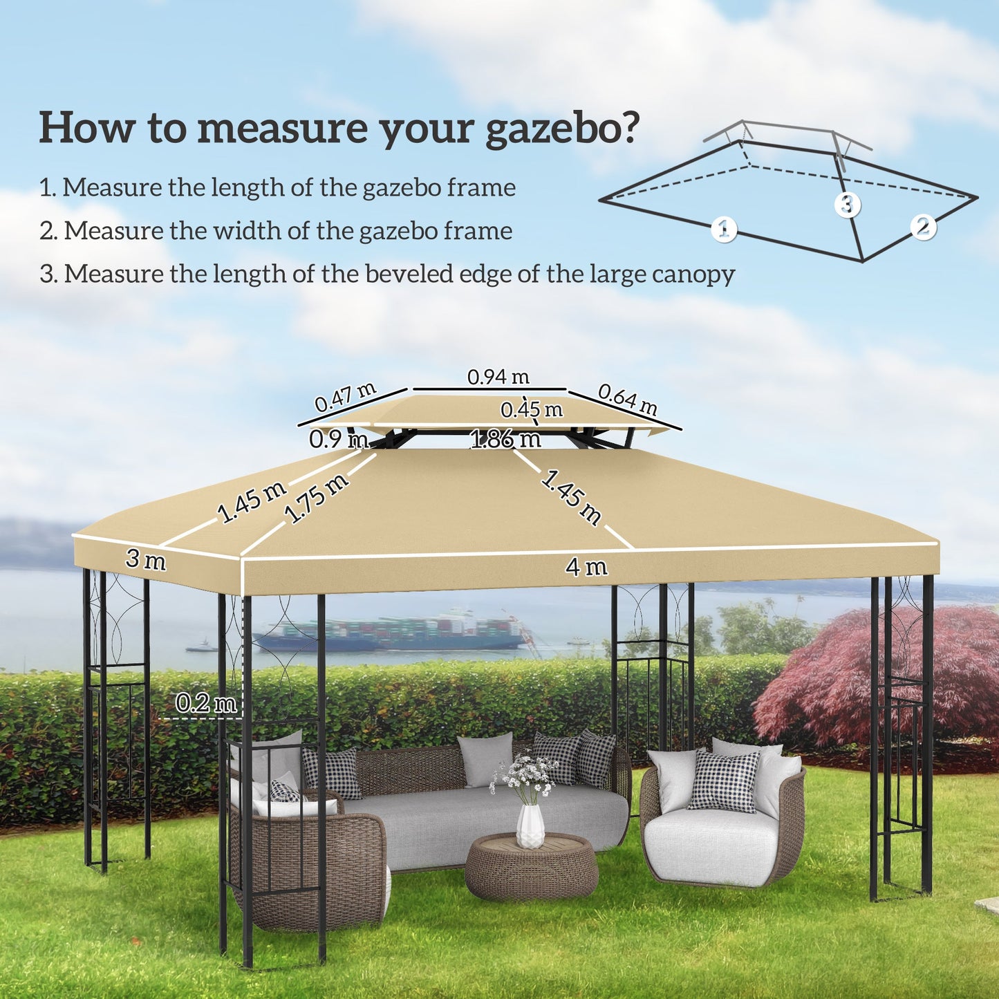 Outsunny Gazebo Roof Replacement, for 3 x 4m Frames - Cream
