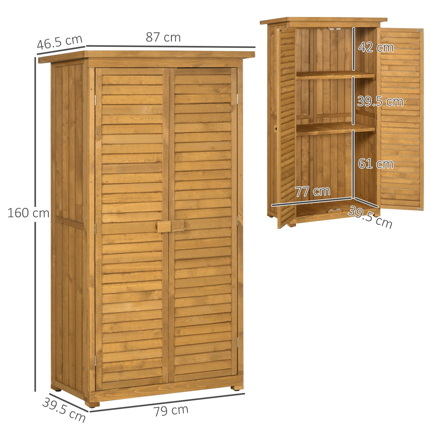 Outsunny Drewniany schowek ogrodowy, kompaktowy moduł użytkowy, 3-poziomowy organizer na narzędzia z dachem asfaltowym i konstrukcją okiennicy, 87 cm x 47 cm x 160 cm