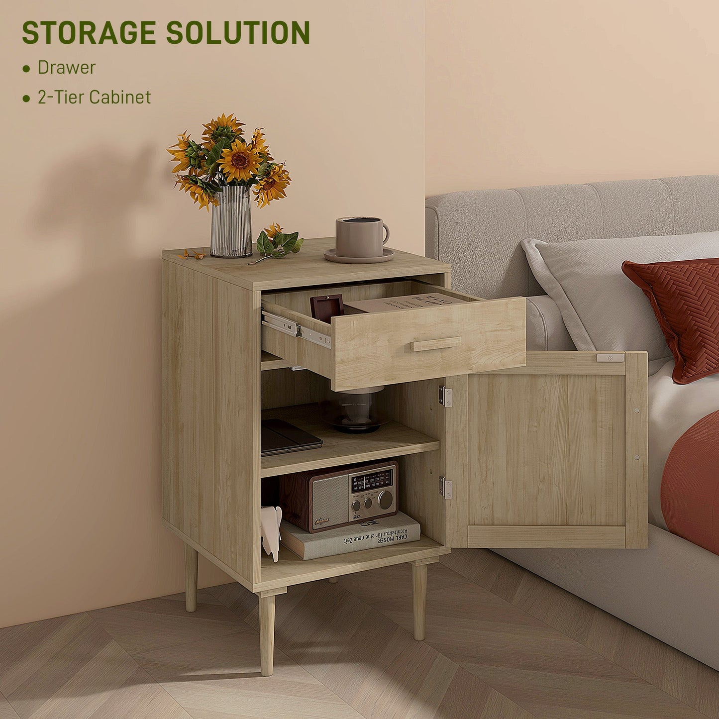 طاولة بجانب السرير من HOMCOM، طاولات جانبية من الخيزران مع درج وخزانة ورف قابل للتعديل، خزانة بجانب السرير على طراز بوهو مع مساحة تخزين لغرفة النوم وغرفة المعيشة، بتأثير الخشب الطبيعي