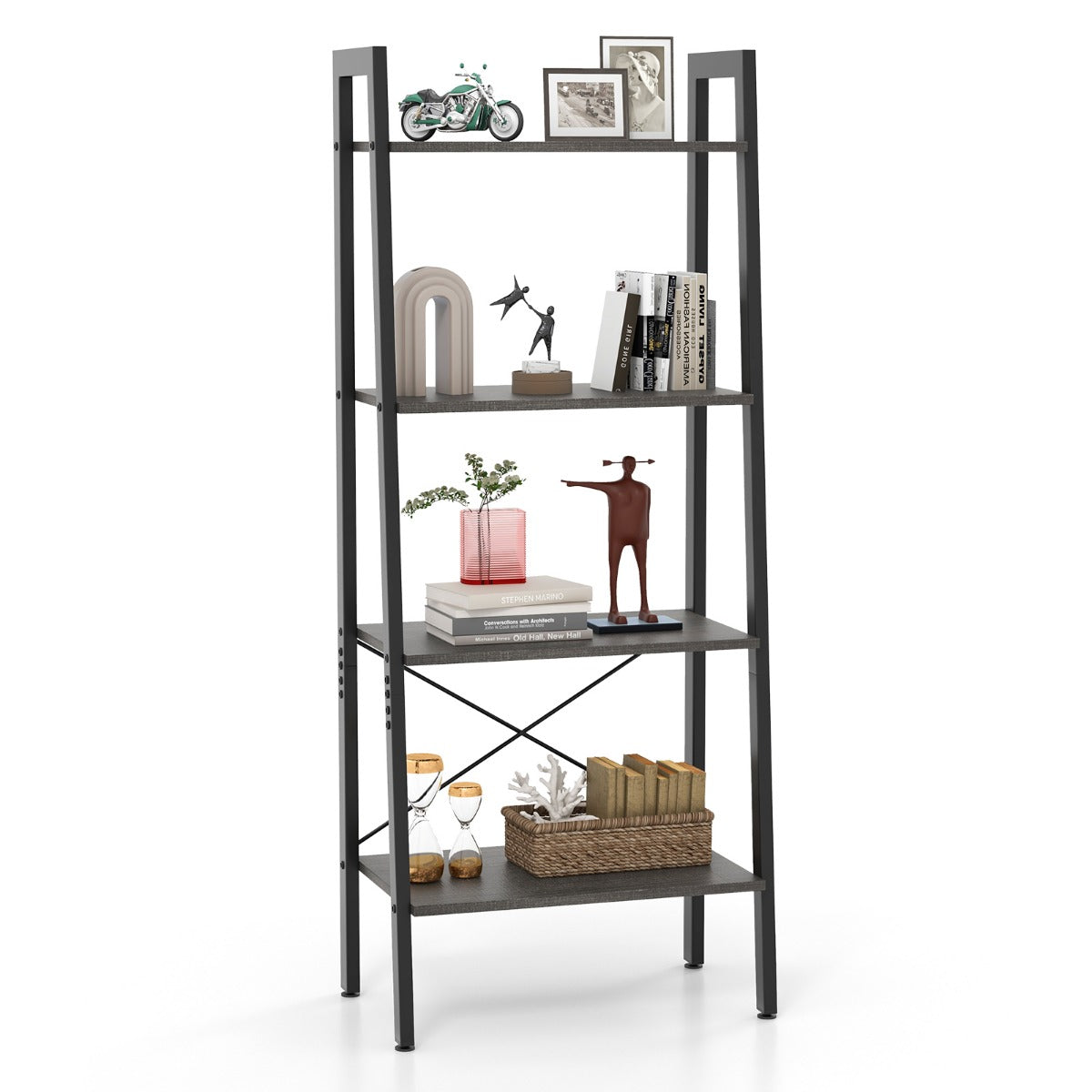 4-Tier Bookshelf with Metal Frame-Brown