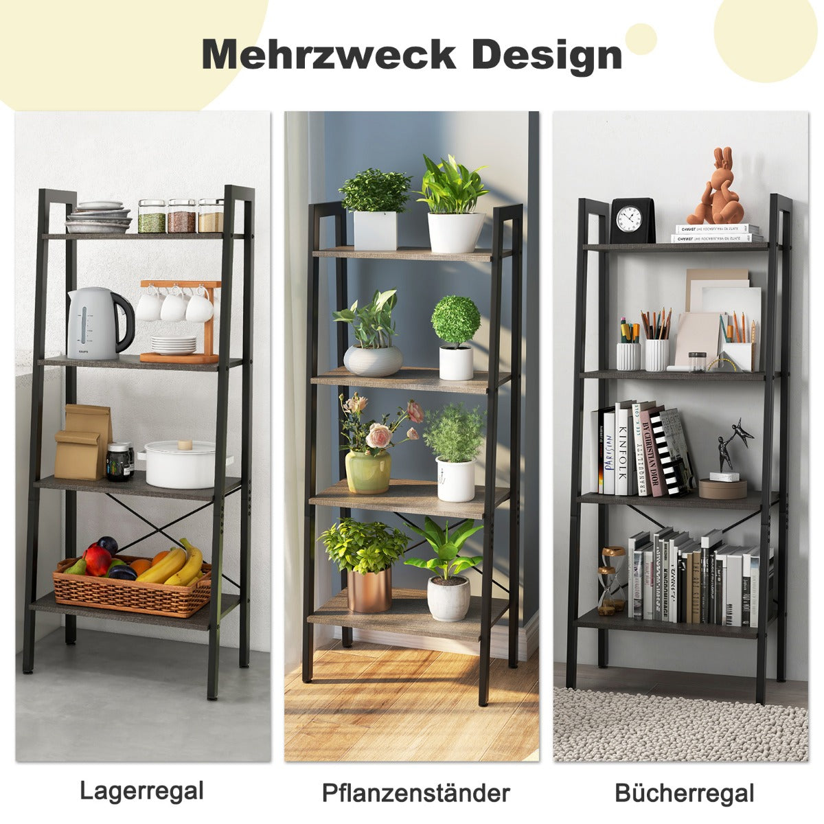 Regał 4-poziomowy z metalową ramą - brązowy