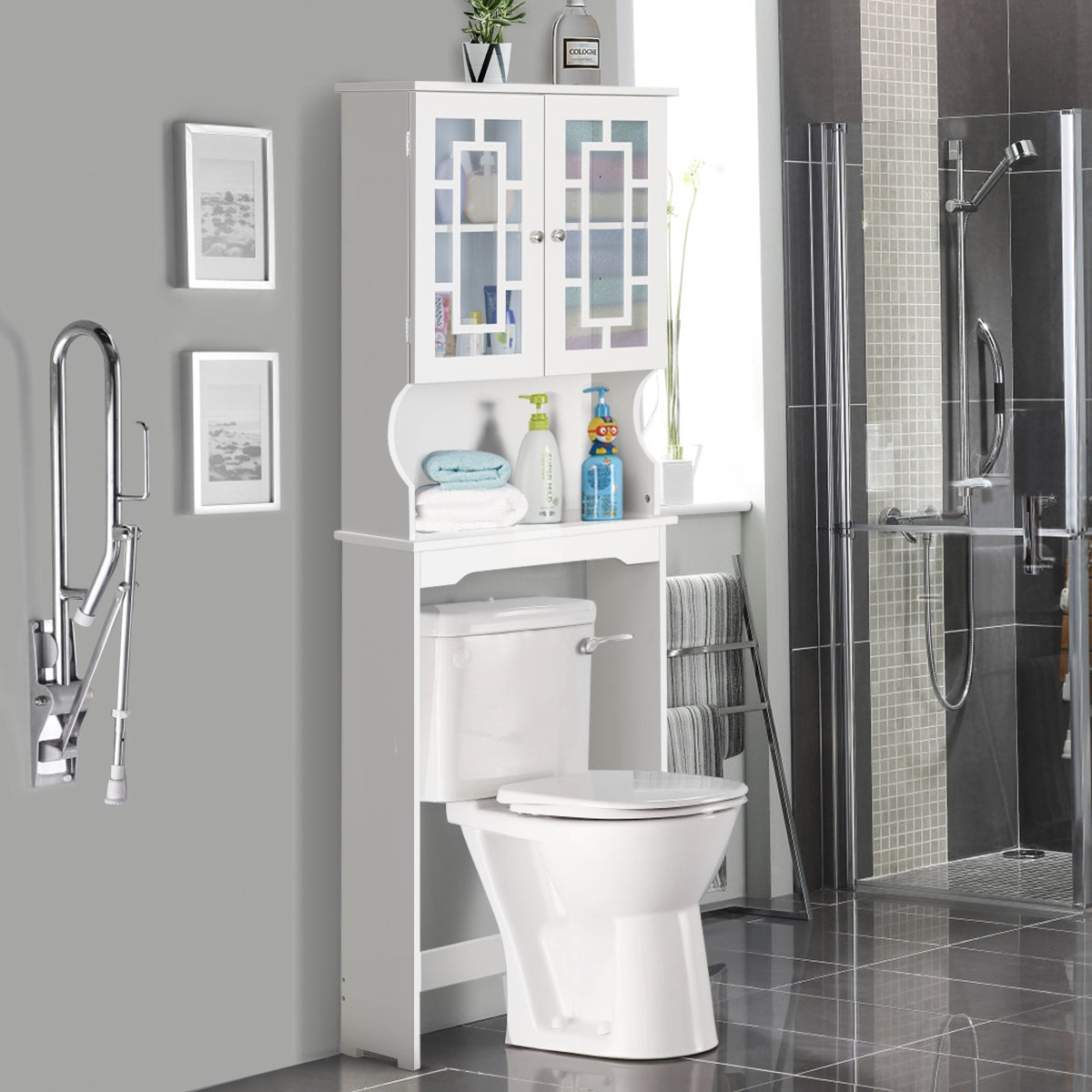 Over The Toilet Storage Cabinet with Double Tempered Glass Doors-White