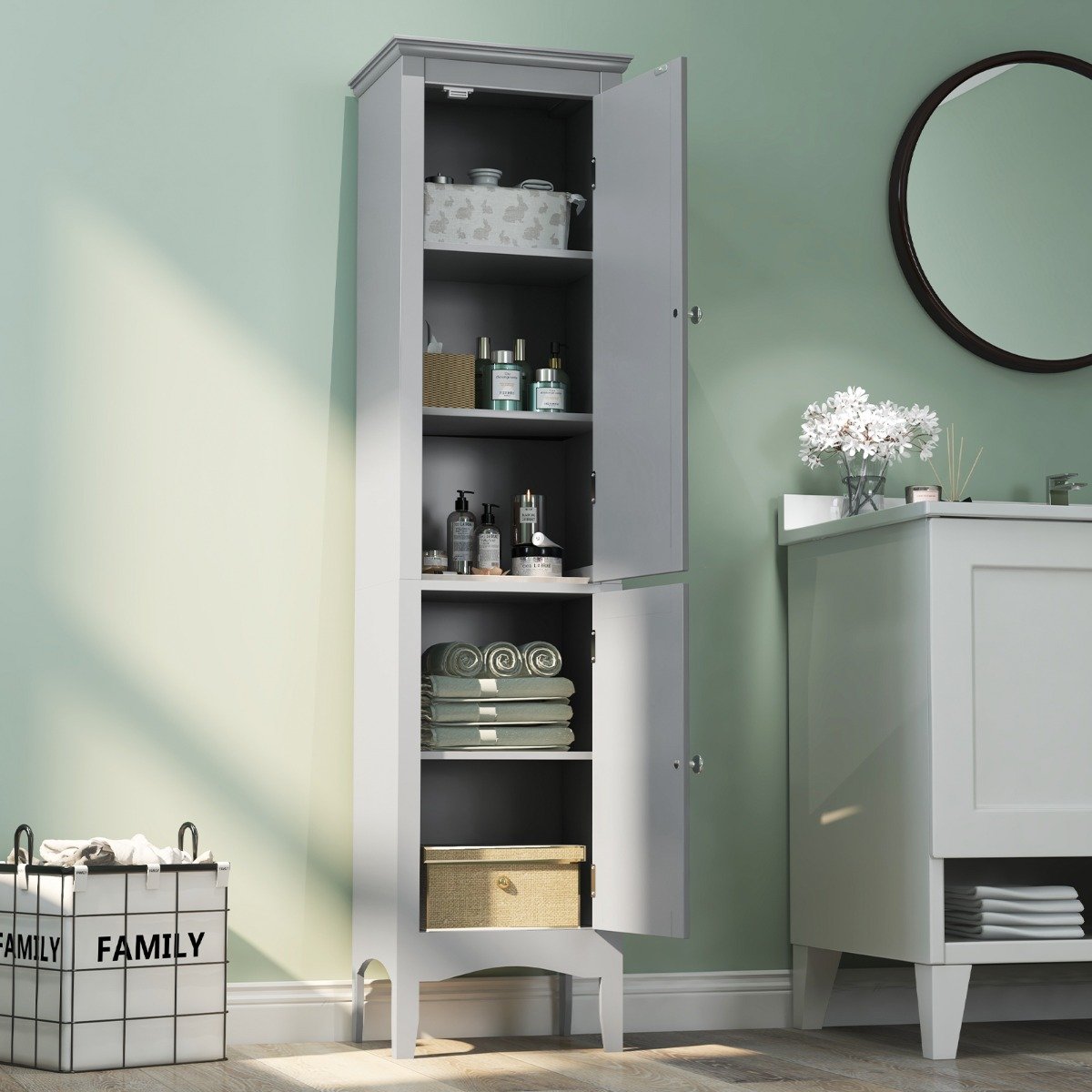 Tall Narrow Bathroom Cabinet-Grey