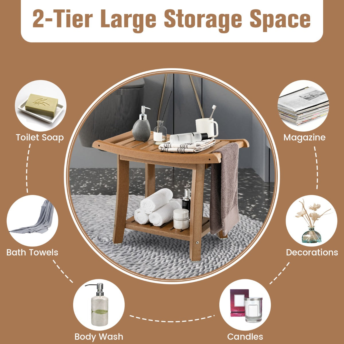 Waterproof Bath Stool with Curved Seat and Storage Shelf-Brown