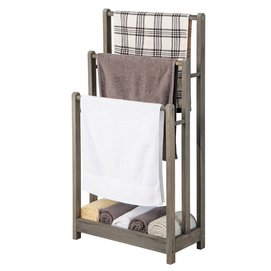 Freestanding Wood Towel Rack with 3 Individual Bars and Bottom Storage Shelf-Grey