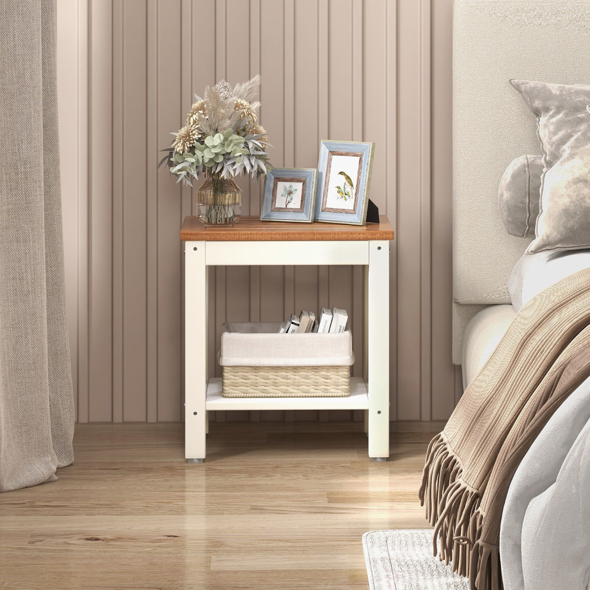 2-tier Waterproof Shower Bench with Storage Shelf-Brown