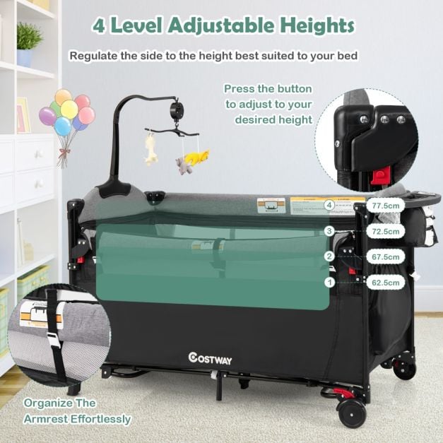 5-in-1 Convertible Baby Bed with Changing Table & Storage Bag Black