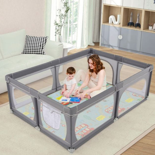 Baby Playpen with Mat and 4 Pull Rings -Dark Grey