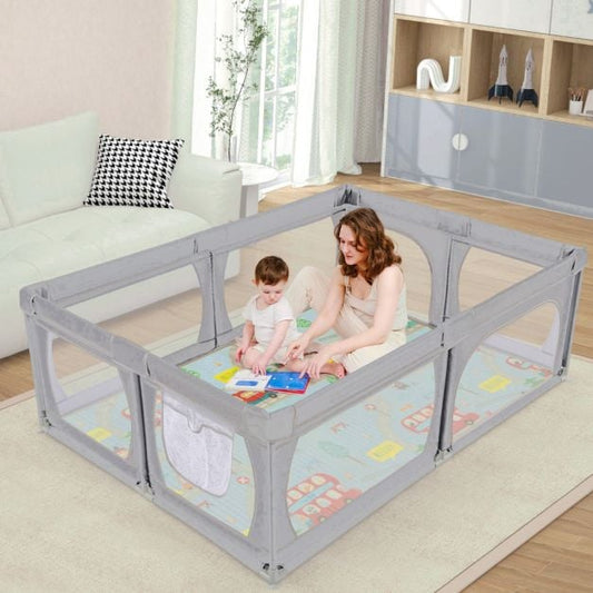 Baby Playpen with Mat and 4 Pull Rings -Light Grey