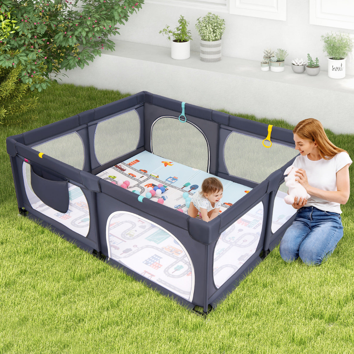 Baby Playpen with Safe Gate and Breathable Mesh-Dark Grey