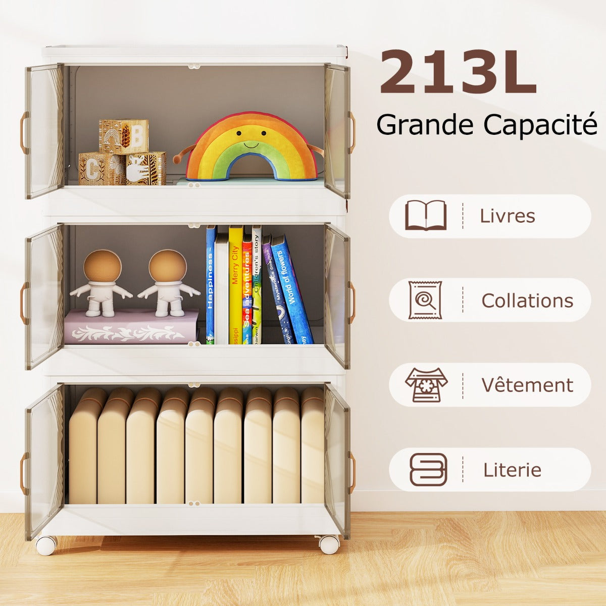 Stackable Storage Containers with Wheels and Doors for Bedroom-White-3-Tier