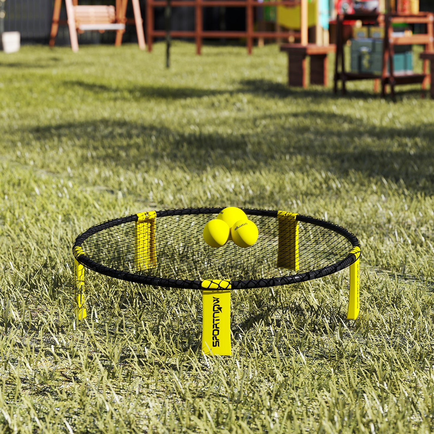 SPORTNOW Spike Ball Set, Mini Beach Games Set with Net, 3 Balls and Ball Pump, Portable with Carrying Bag for Outdoor Team Sports, Yellow