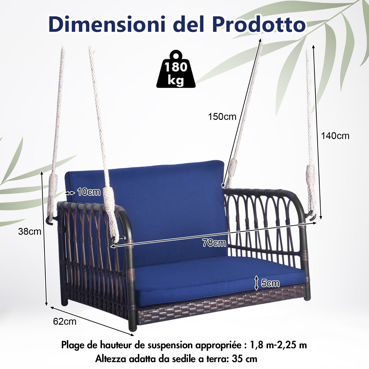 Single Person Hanging Seat with Seat and Back Cushions-Navy