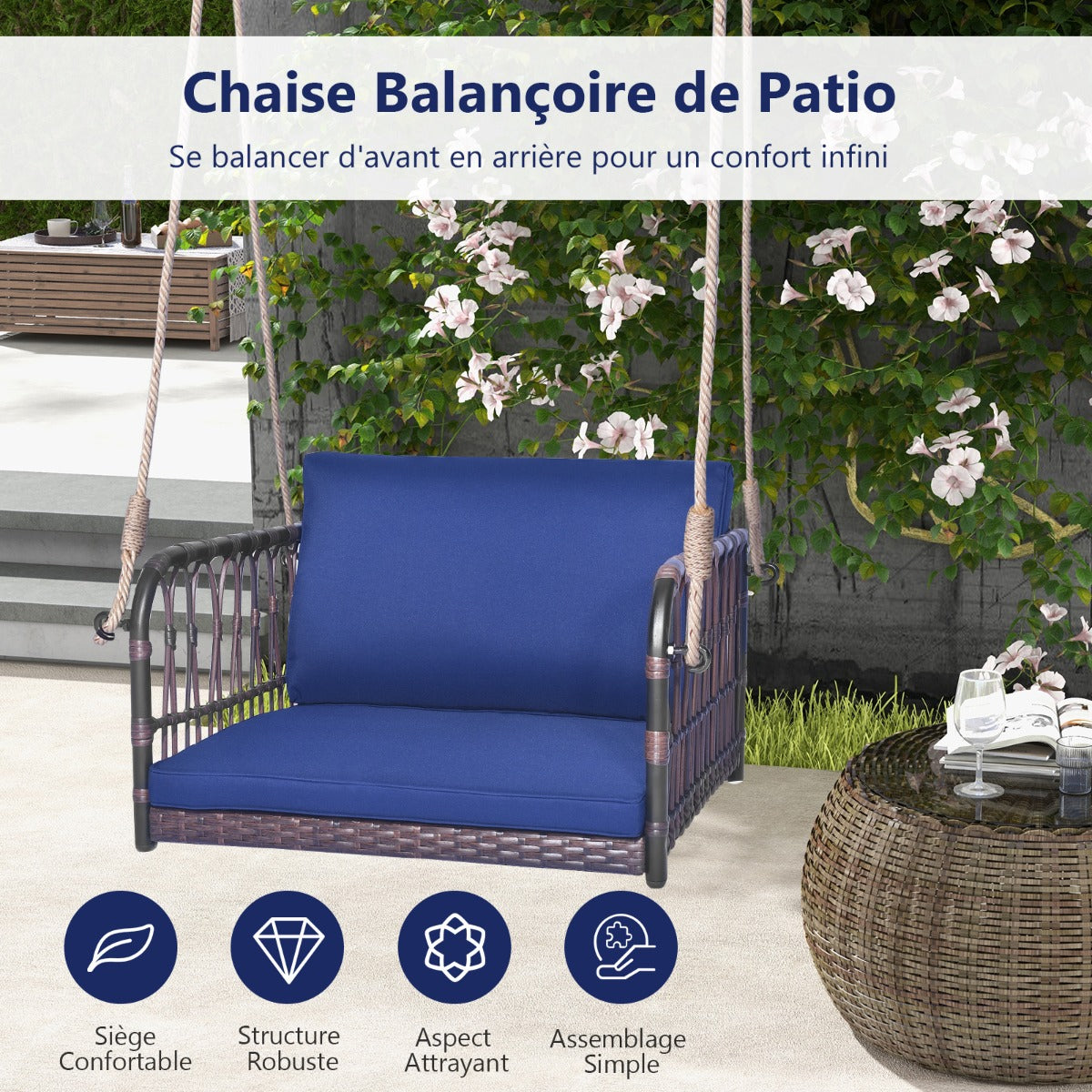 Single Person Hanging Seat with Seat and Back Cushions-Navy