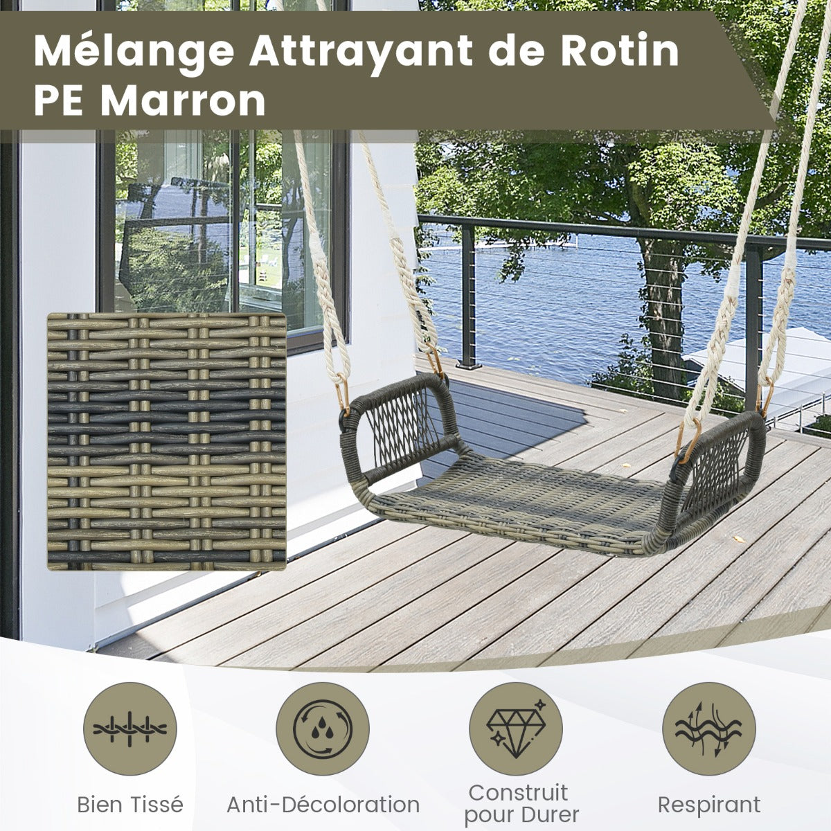 Wicker Porch Swing Seat with Cozy Armrests