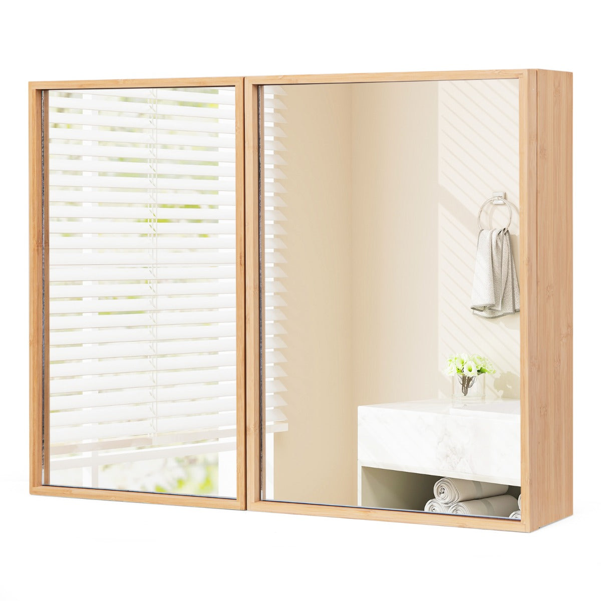 Bamboo Double Door Bathroom Wall Cabinet with Mirror and Adjustable Shelves-Natural