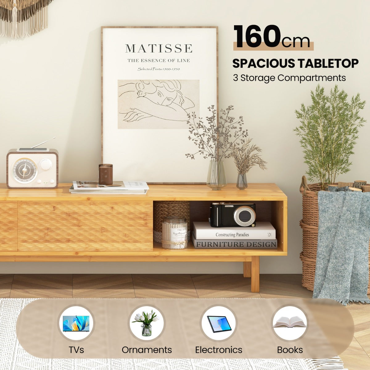 Bamboo TV Stand for 65” 70” TVs with Sliding Doors and 3 Storage Compartments-Natural