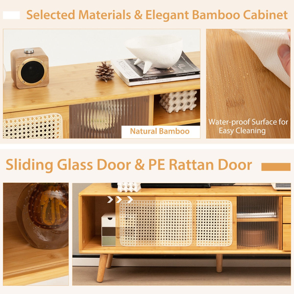 Bamboo TV Stand for TV up to 65 Inch-Natural