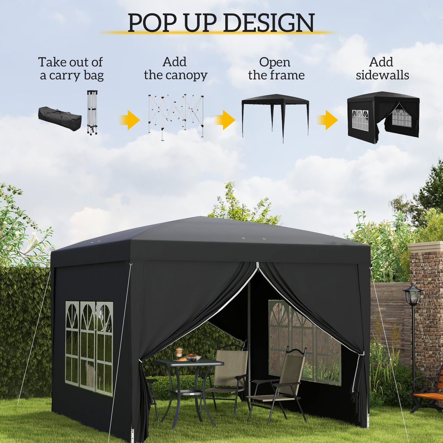 Outsunny 3 x 3(m) Pop Up Gazebo, wodoodporny i odporny na promieniowanie UV namiot imprezowy z baldachimem i torbą transportową, czarny