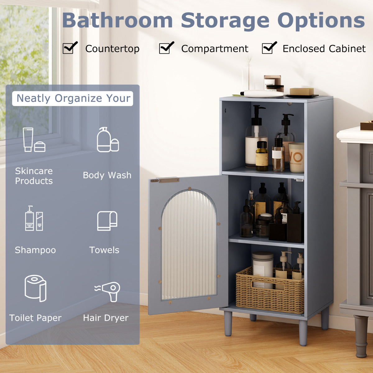 Bathroom Floor Cabinet with Adjustable Shelf for Hallway Living Room-Grey