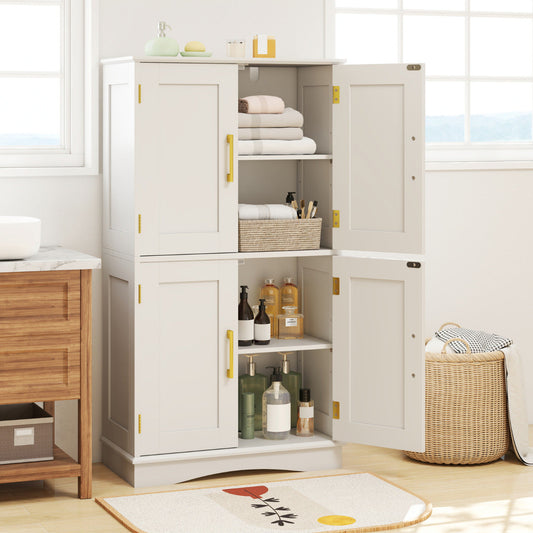 Bathroom Floor Storage Cabinet with 4 Doors and 2 Adjustable Shelves-White