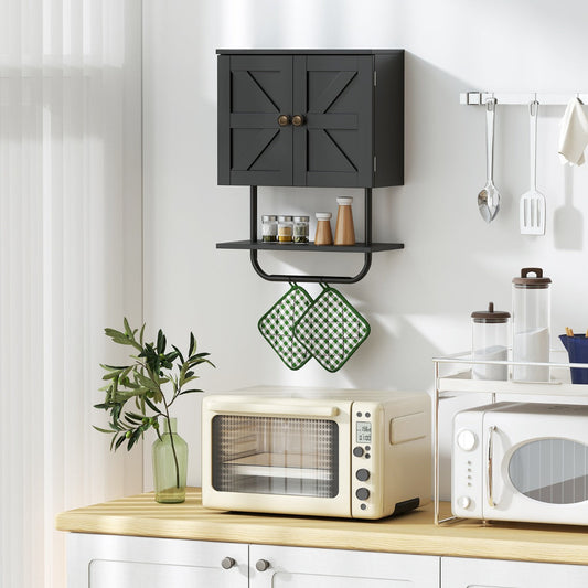 Bathroom Wall Cabinet with Double Door and Open Shelf and Towel Rack-Black