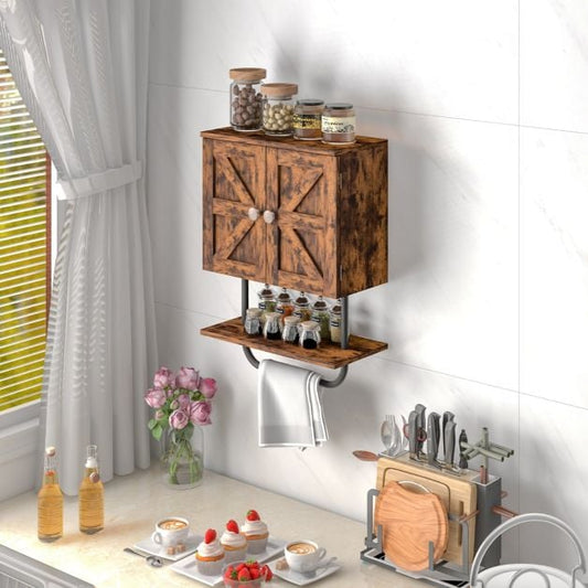 Bathroom Wall Cabinet with Double Doors & Open Shelf & Towel Rack-Brown