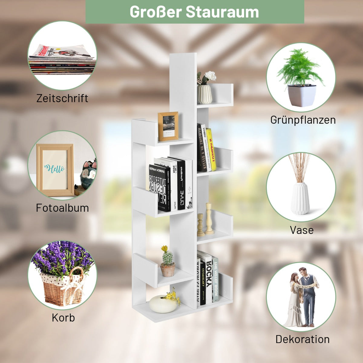 Tree-shaped bookcase with 8 compartments, standing shelf, storage shelf, 50 x 25 x 145 cm, white