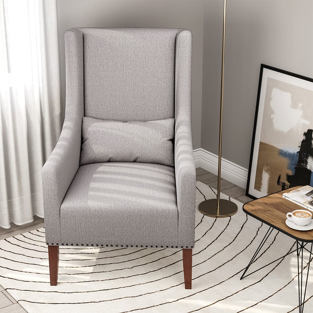 Grey Burlap High Back Studded Armchair with Cushion