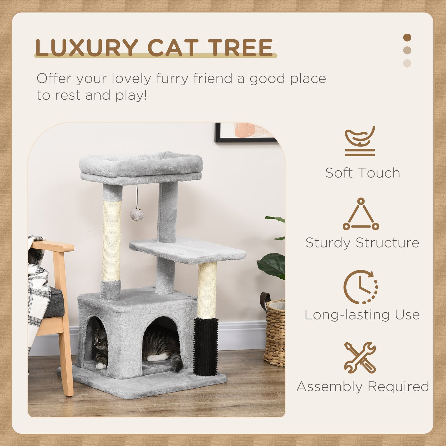 PawHut Cat Tree dla kotów domowych, wieża wspinaczkowa, drapak dla kotów, centrum aktywności dla kotów z zabawką do masażu, wisząca piłka, łóżko, grzęda, 48 x 48 x 85 cm, szary