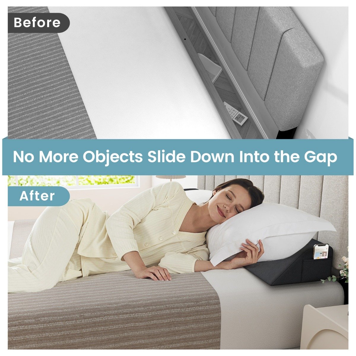 Bed Wedge Pillow with 2 Storage Pockets-Full Size